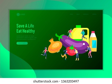 Landing page template with Happy People with vegetable and healthy food, jumping and dansing. Veggie recipe, vegetarian diet and detox concept, eco friendly lifestyle. Colorful illustration