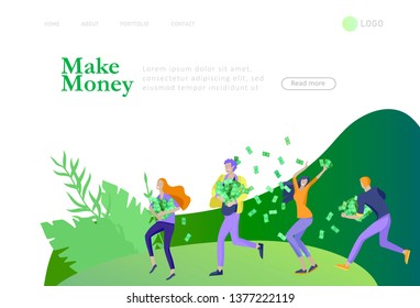 Landing page template Happy people with money, characters in move make money. Business investment, money rain, men and woman run with profit, catch bills. Cartoon style, flat vector illustration