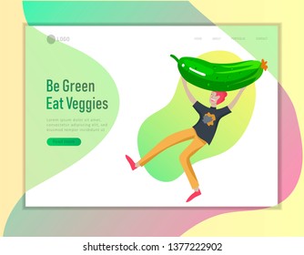 Landing page template with Happy People with vegetable, man jumping and dansing. Vegetarianism, healthy lifestyle. Veggie recipe, vegetarian diet and detox, eco friendly. Colorful illustration