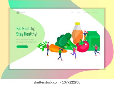 Landing page template with Happy People with vegetable and healthy food, jumping and dansing. Veggie recipe, vegetarian diet and detox concept, eco friendly lifestyle. Colorful illustration