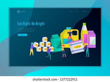 Landing page template with Happy People with healthy food, jumping and dansing. Veggie recipe, healthy diet and detox concept, eco friendly lifestyle. Colorful illustration