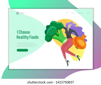 Landing page template with Happy People with vegetable, woman jumping and dansing. Vegetarianism, healthy lifestyle. Veggie recipe, vegetarian diet and detox, eco friendly. Colorful illustration