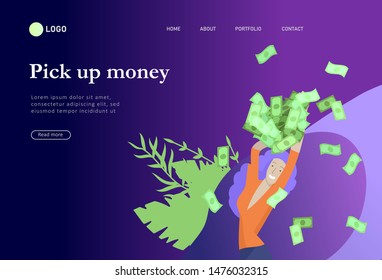Landing page template Happy people with money, characters in move make money. Business investment, money rain, men and woman run with profit, catch bills. Cartoon style, flat vector illustration