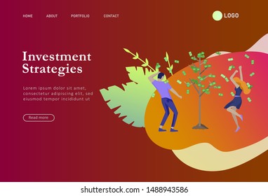 Landing page template Happy people with money, characters in move make money. Business investment, money rain, men and woman run with profit, catch bills. Cartoon style, flat vector illustration