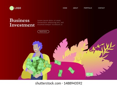 Landing page template Happy people with money, characters in move make money. Business investment, money rain, men and woman run with profit, catch bills. Cartoon style, flat vector illustration