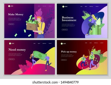 Landing page template Happy people with money, characters in move make money. Business investment, money rain, men and woman run with profit, catch bills. Cartoon style, flat vector illustration