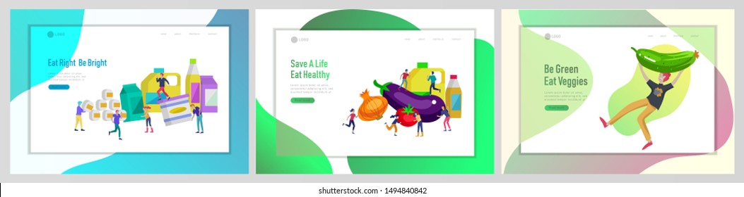 Landing page template with Happy People with healthy food, jumping and dansing. Veggie recipe, healthy diet and detox concept, eco friendly lifestyle. Colorful illustration