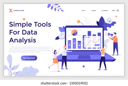 Landing page template with happy people around laptop computer with charts on screen. Tools for data analytics, business information analysis system. Flat vector illustration for online service promo.