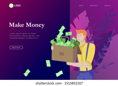 Landing page template Happy people with money, characters in move make money. Business investment, money rain, men and woman run with profit, catch bills. Cartoon style, flat vector illustration