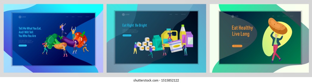 Landing page template with Happy People with healthy food, jumping and dansing. Veggie recipe, healthy diet and detox concept, eco friendly lifestyle. Colorful illustration