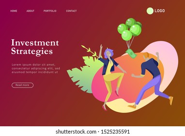 Landing page template Happy people with money, characters in move make money. Business investment, money rain, men and woman run with profit, catch bills. Cartoon style, flat vector illustration