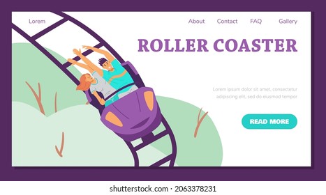 Landing page template with happy people on roller coaster, flat vector illustration. Website homepage with man and woman in amusement park, friends having fun together.