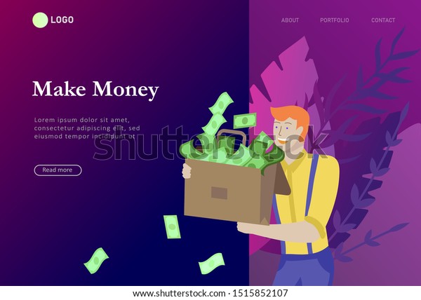 Landing page template Happy people with\
money, characters in move make money. Business investment, money\
rain, men and woman run with profit, catch bills. Cartoon style,\
flat vector\
illustration