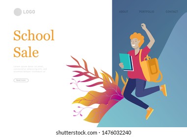 Landing page template with Happy school children joyfully jumping and laughing. Concept of happiness, gladness and fun. Vector illustration for banner, poster, website, invitation.