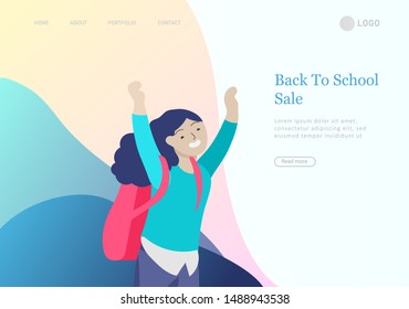 Landing page template with Happy school children joyfully jumping and laughing. Concept of happiness, gladness and fun. Vector illustration for banner, poster, website, invitation.