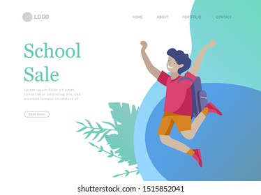 Landing page template with Happy school children joyfully jumping and laughing. Concept of happiness, gladness and fun. Vector illustration for banner, poster, website, invitation.