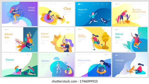 Landing page template with Happy school children joyfully jumping and laughing. Concept of happiness, gladness and fun. Vector illustration for banner, poster, website, invitation.