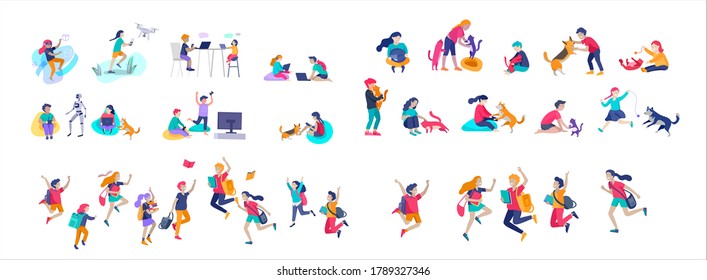Landing page template with Happy school children joyfully jumping and laughing. Concept of happiness, gladness and fun. Vector illustration for banner, poster, website, invitation.