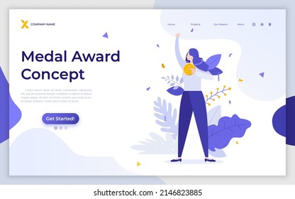 Landing page template with happy woman holding golden medal and celebrating victory. Concept of competition winner, champion or leader, prize award. Modern flat vector illustration for webpage.