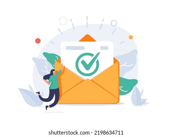 Landing page template with happy woman and document with check mark inside envelope. Concept of confirmation, acceptance or approval letter, verification. Modern flat vector illustration for webpage.