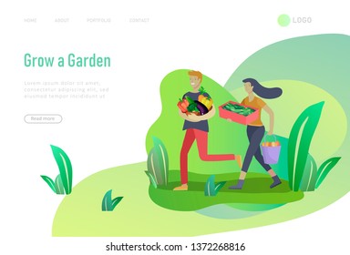 landing page template Harvesting and gardening people, woman and man doing farming and garden job, planting, lay ripe vegetables to box. Reaping crop concept