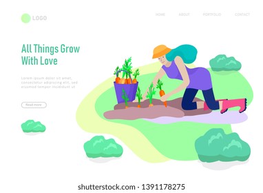 landing page template Harvesting and gardening people, woman and man doing farming and garden job, planting, lay ripe vegetables to box. Reaping crop concept