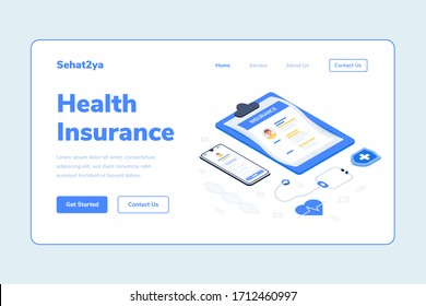 Landing Page Template Health Insurance Document Smarthphone Stethoscope Isometric Illustration