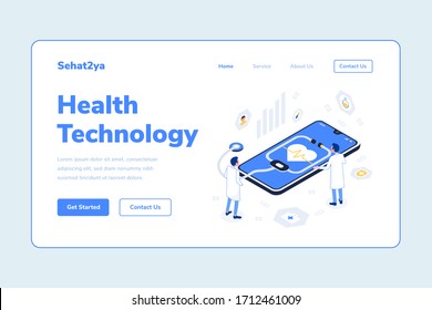 Landing Page Template Health Technology Two Man Doctor Smarthphone Stethoscope Isometric Illustration