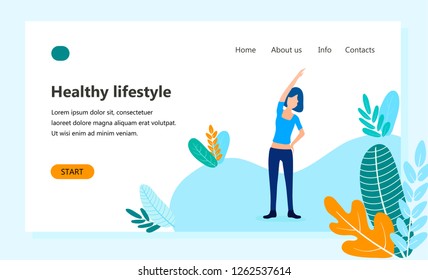 Landing page template of Healthy lifestyle, womens fitness, girl doing physical activity outdoors. Modern flat design concept of web page design for website. Vector illustration of fit sporty woman.