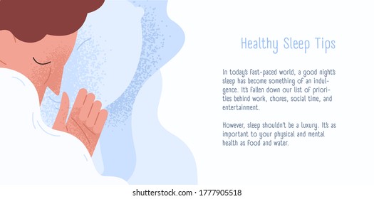 Landing page template with healthy sleep tips vector flat illustration. Man sleep on pillow under blanket isolated. Banner with recommendation for good asleep, get rid insomnia and sleeping problem