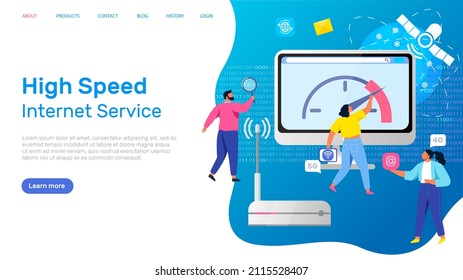 Plantilla de página de aterrizaje del servicio de internet de alta velocidad, concepto de conexión wi-fi con ordenador y personas. Tecnologías perfectas modernas, ingeniería digital. Internet inalámbrico de comunicación en red