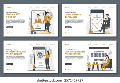 Landing page template highlighting security access methods, including pattern unlock, fingerprint, face ID, and OTP login for enhanced security and convenience