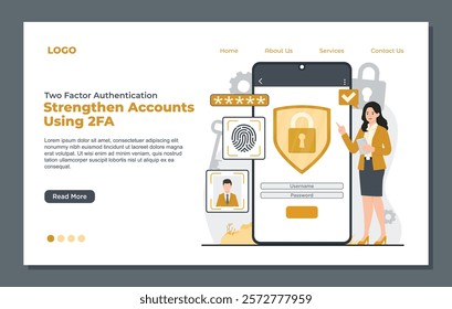 Landing page template highlighting two-factor authentication with OTP, Face ID, PIN, fingerprint, and biometric security for enhanced data protection