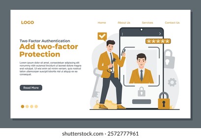 Landing page template highlighting two-factor authentication with OTP, Face ID, PIN, fingerprint, and biometric security for enhanced data protection