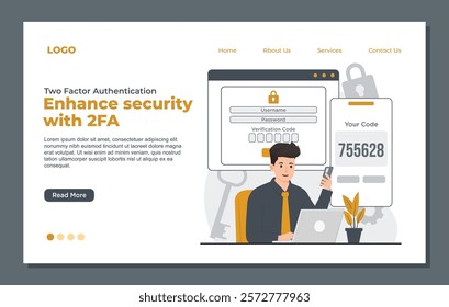 Landing page template highlighting two-factor authentication with OTP, Face ID, PIN, fingerprint, and biometric security for enhanced data protection