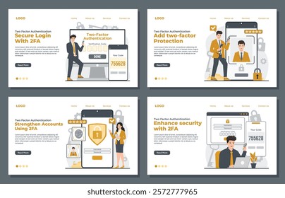 Landing page template highlighting two-factor authentication with OTP, Face ID, PIN, fingerprint, and biometric security for enhanced data protection