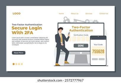 Landing page template highlighting two-factor authentication with OTP, Face ID, PIN, fingerprint, and biometric security for enhanced data protection