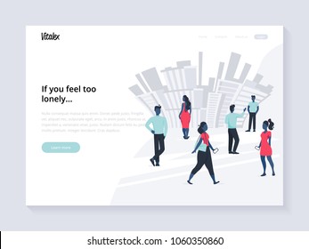 Landing page template. Home page for dating web site with flat lonely people walking in the city. Vector illustration
