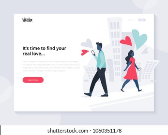 Landing page template. Home page for dating web site with flat lonely people walking in the city. Vector illustration