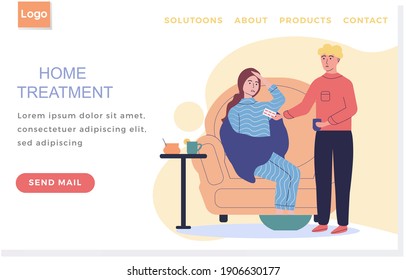 Landing page template. Home treatment concept. Guy gives girl pill to girl suffering from headache and soaring feet. Medical internet website layout. Sick female character is undergoing treatment