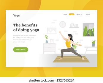 Landing page template of Home yoga. Woman doing fitness workout. Flat illustration style for female yoga relaxing for web design landing page. Healthy life and meditation in home. Vector illustration