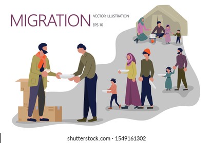 Landing page template. Hot meal queue line in a refugee camp. Peacekeepers are distributing humanitarian aid to adults and children.. Isolated on white background. Flat Art Vector illustration