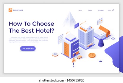 Landing page template with hotel buildings, customers reviews and five star ratings. Internet booking service, search for accommodation online. Isometric vector illustration for website, webpage.