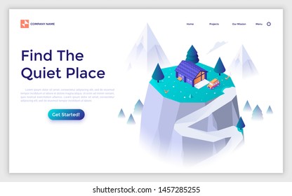 Landing Page Template With House Or Cabin On Top Of Hill, Mountain. Secluded Area Or Quiet Place For Adventure Travel Or Trip. Isometric Vector Illustration For Website, Webpage Of Touristic Service.