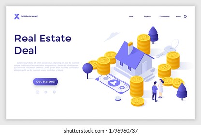 Landing page template with house, dollar coins, buyer and seller shaking hands. Concept of real estate deal, buying home, purchase agreement. Modern colorful isometric vector illustration for website.
