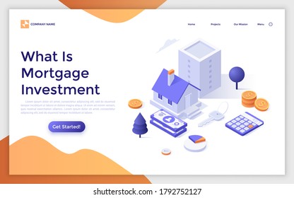 Landing page template with house, keys, calculator, coins and banknotes. Concept of morgage for investment property, buying home, real estate. Modern isometric vector illustration for website, banner.