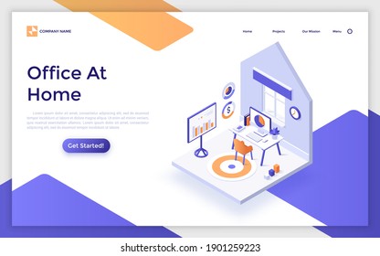 Landing page template with house room as workspace with desk, computer and whiteboard. Concept of professional office at home, remote or distant work. Modern isometric vector illustration for webpage.