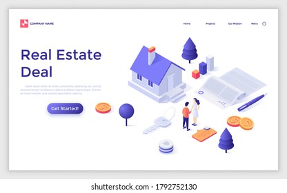 Landing page template with house, signed property purchase agreement, buyer and seller shaking hands. Concept of real estate deal, buying home. Modern isometric vector illustration for website.