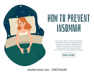 Landing page template how to prevent insomnia. Top view on young woman lying in bed bedroom during night and suffer from sleeplessness. Flat cartoon vector illustration.