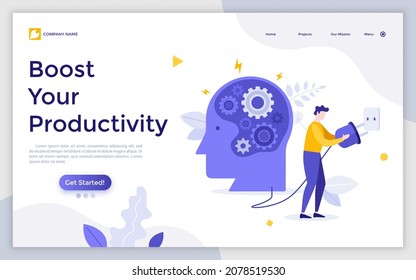 Landing page template with human head with mechanism inside and man putting power plug into socket. Concept of productivity boost, source of energy for brain charging. Modern flat vector illustration.